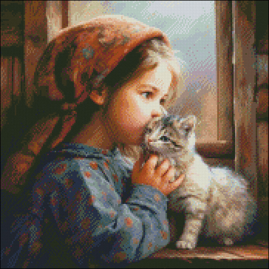 Little Girl Kissing a Kitten 3 - Counted Cross Stitch Patterns Embroidery Crafts Needlework DIY Chart DMC Color