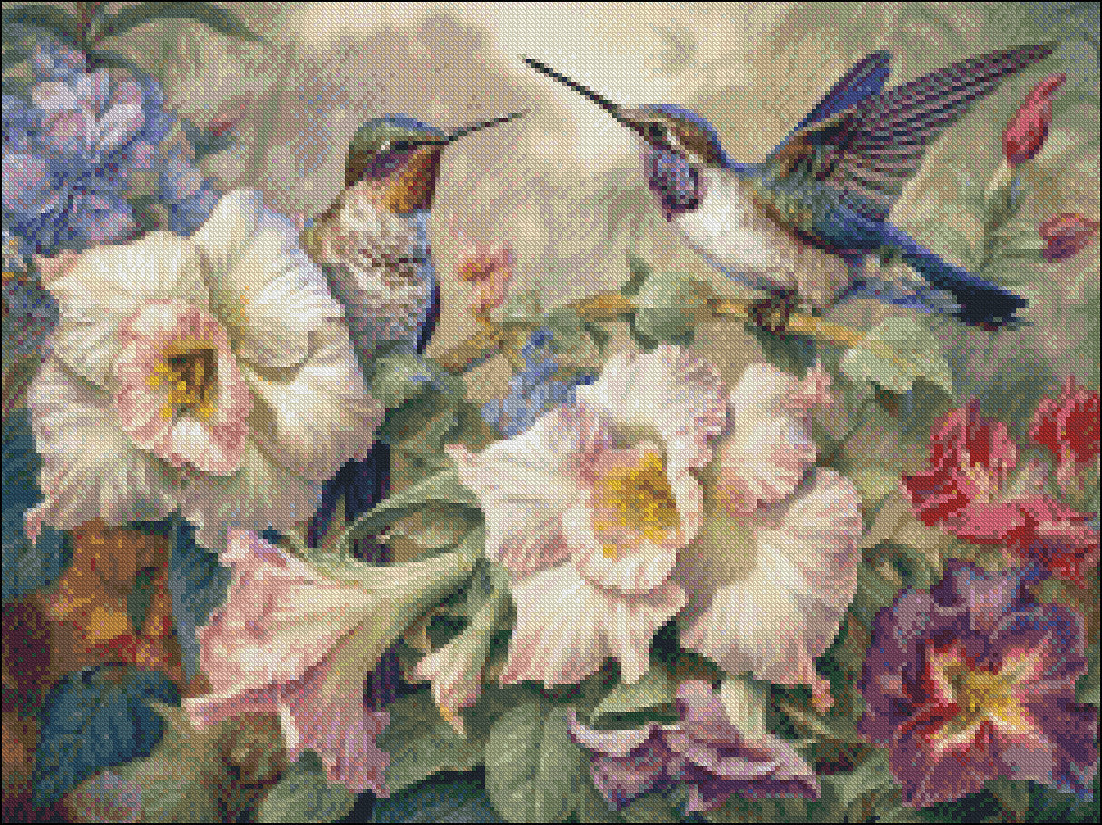 Hummingbirds & Larkspur - Counted Cross Stitch Patterns Embroidery Crafts Needlework DIY Chart DMC Color