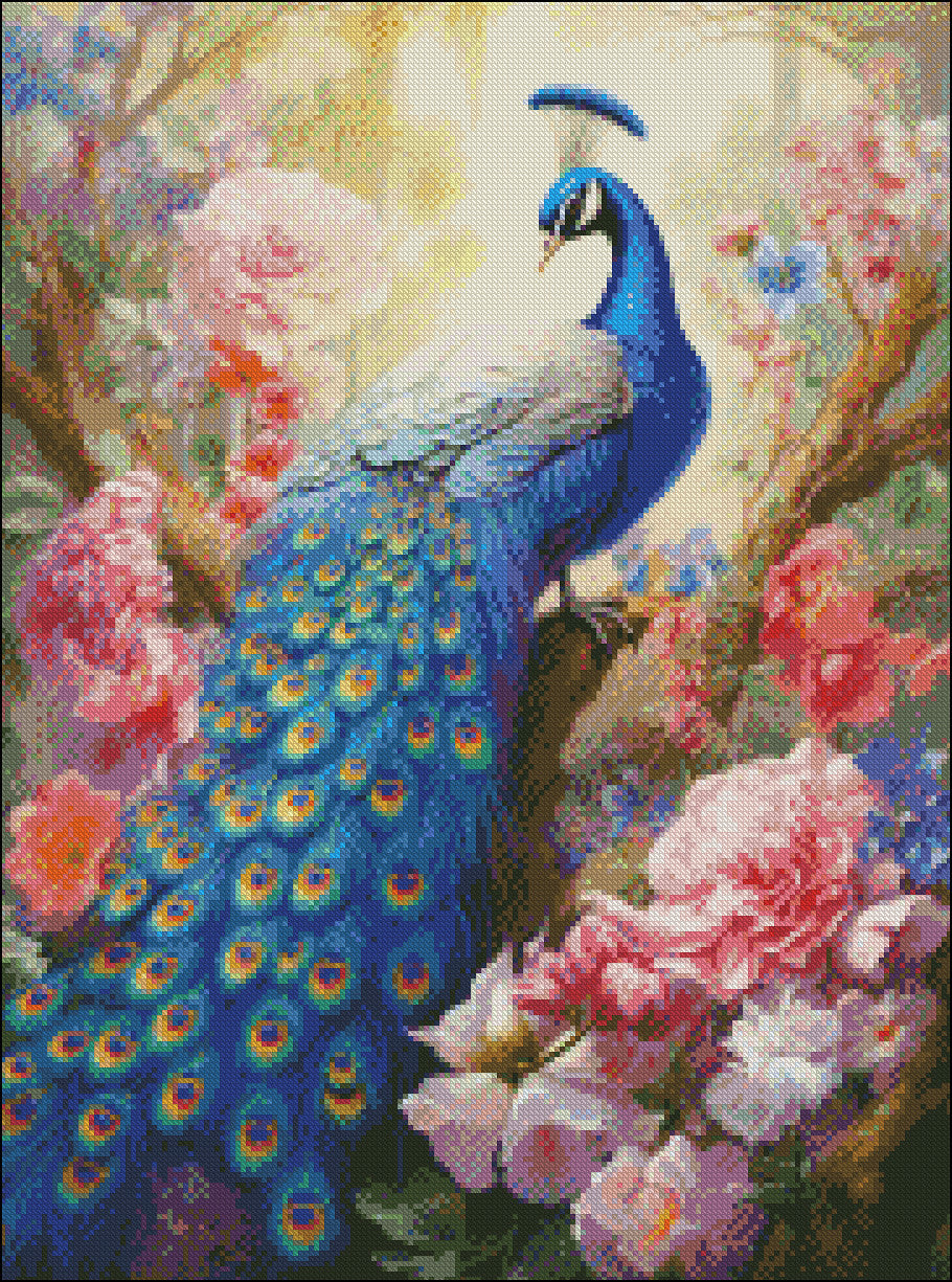 Peacock and Flowers in Jungle 1 - Counted Cross Stitch Patterns Embroidery Crafts Needlework DIY Chart DMC Color