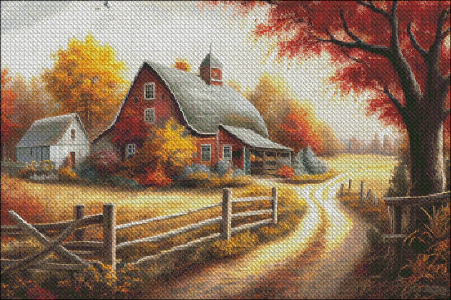 Fall at the Red barn - Counted Cross Stitch Patterns Embroidery Crafts Needlework DIY Chart DMC Color