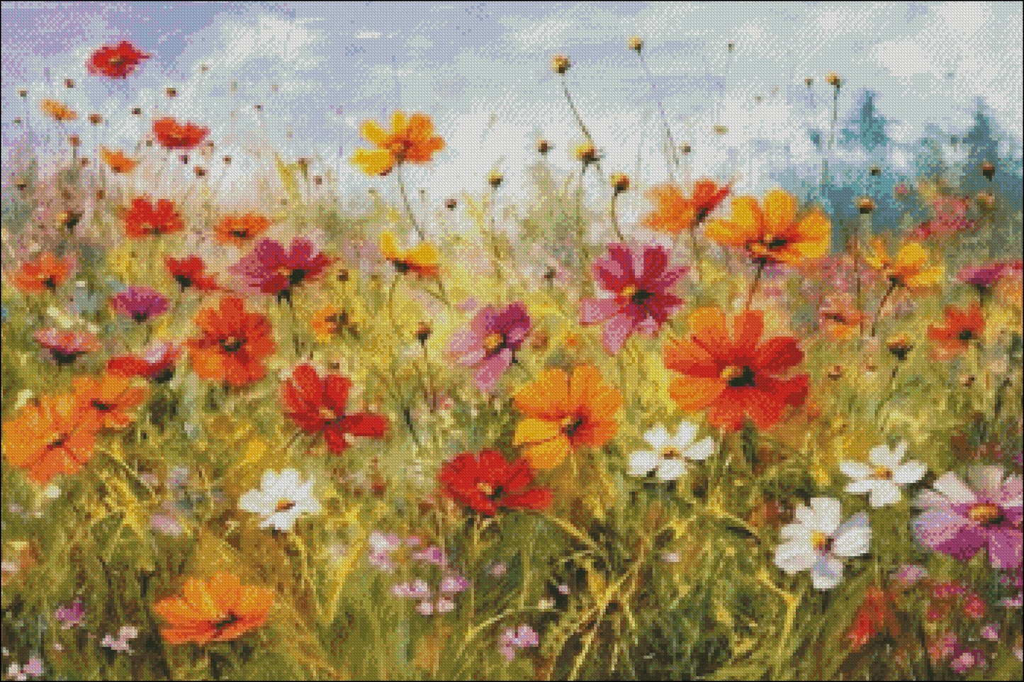 Cosmos Flowers in the Field - Counted Cross Stitch Patterns Embroidery Crafts Needlework DIY Chart DMC Color