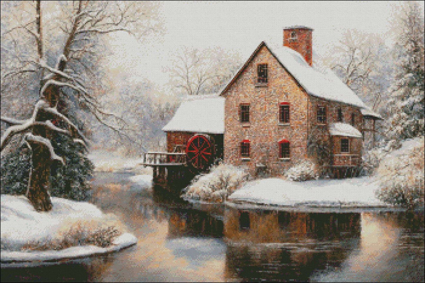 Winter Old Mill - Counted Cross Stitch Patterns Embroidery Crafts Needlework DIY Chart DMC Color