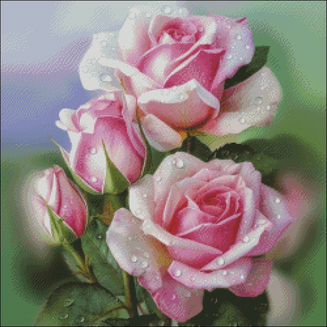 Dew Pink Roses - Counted Cross Stitch Patterns Embroidery Crafts Needlework DIY Chart DMC Color