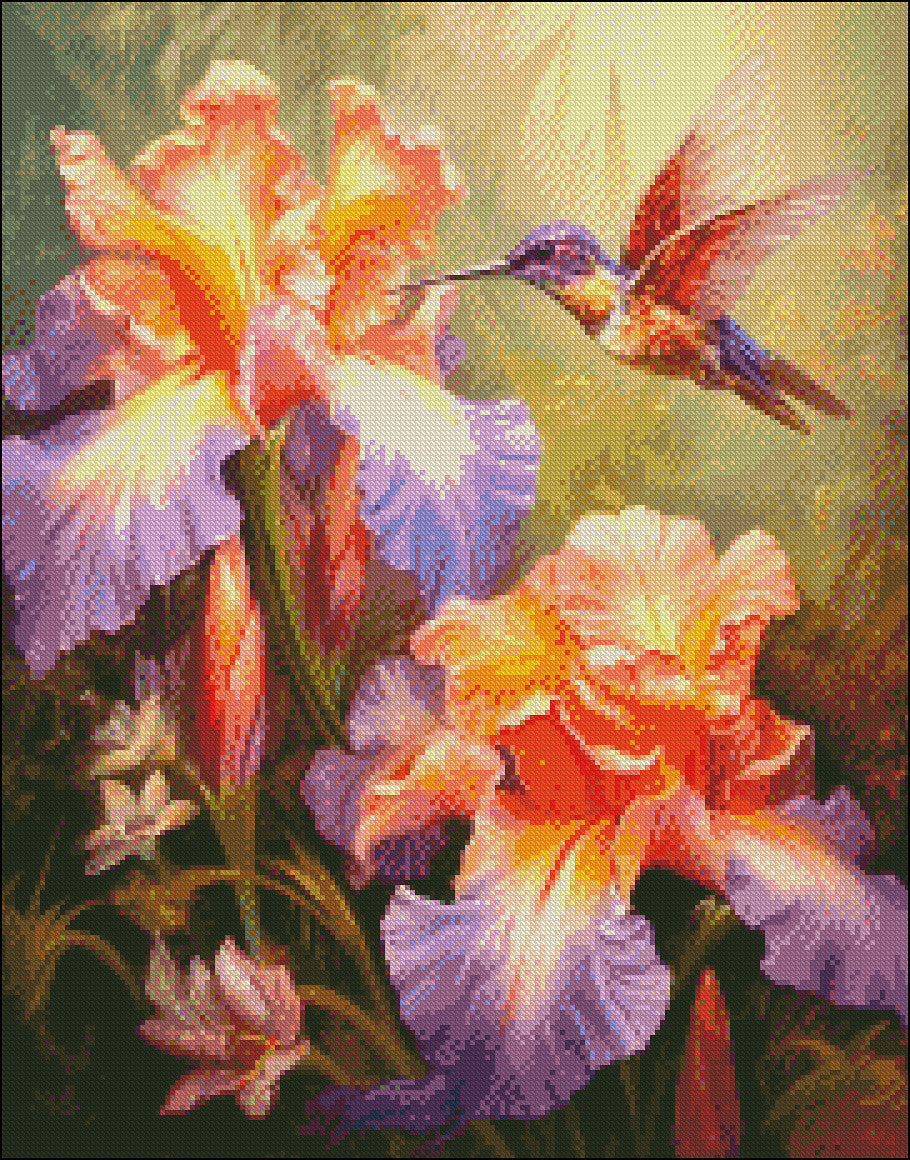 Iris and Hummingbird 2- Counted Cross Stitch Patterns Embroidery Crafts Needlework DIY Chart DMC Color