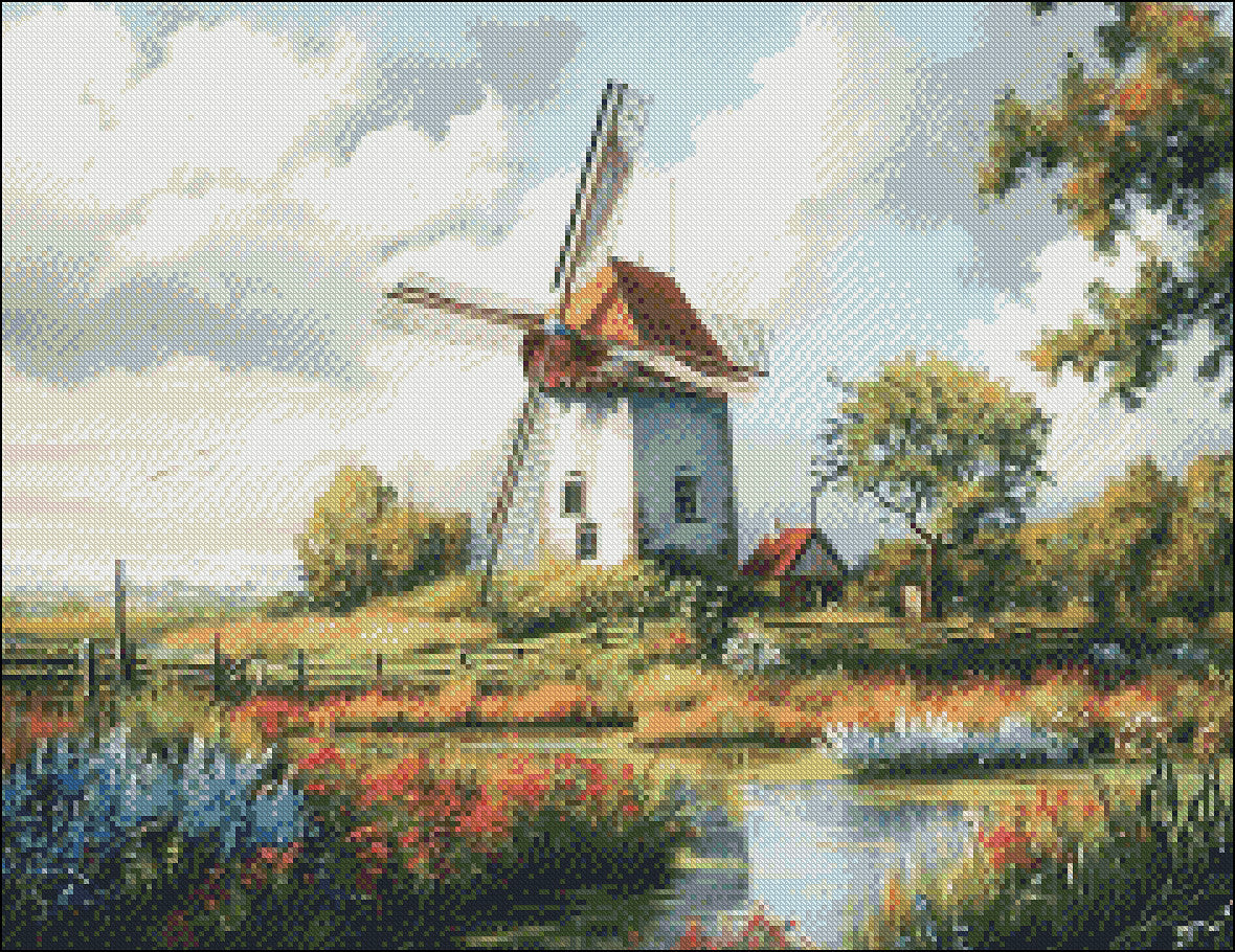 Dutch Windmill 2 - Counted Cross Stitch Patterns Embroidery Crafts Needlework DIY Chart DMC Color