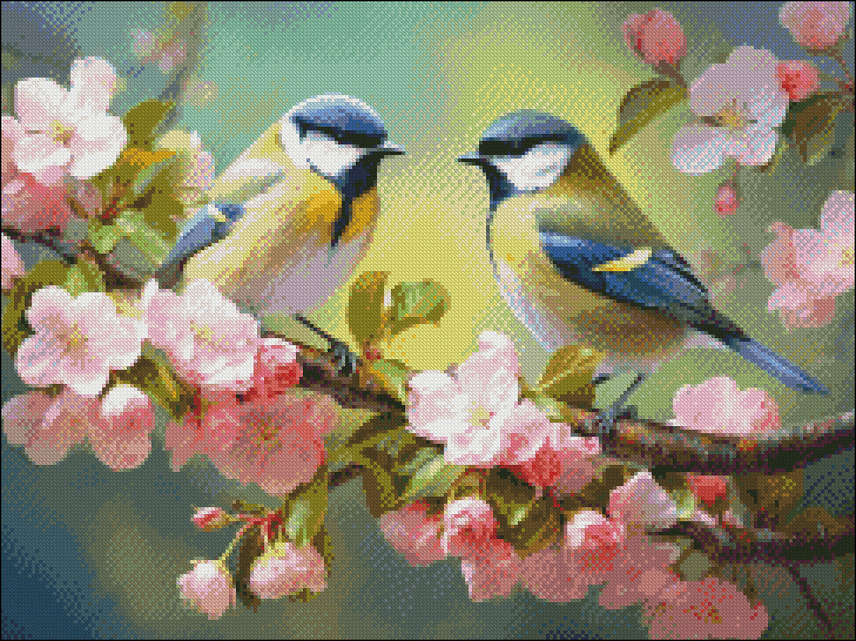 Birds and Apple Blossoms - Counted Cross Stitch Patterns Embroidery Crafts Needlework DIY Chart DMC Color