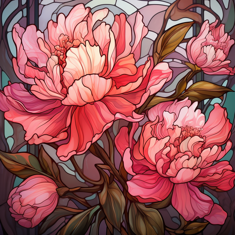 Peony Stained Glass  - Counted Cross Stitch Patterns Embroidery Crafts Needlework DIY Chart DMC Color