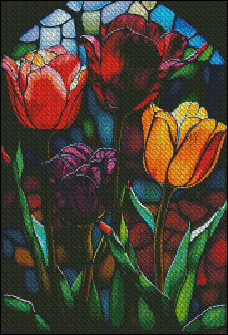 Tulips Stained Glass - Counted Cross Stitch Patterns Embroidery Crafts Needlework DIY Chart DMC Color