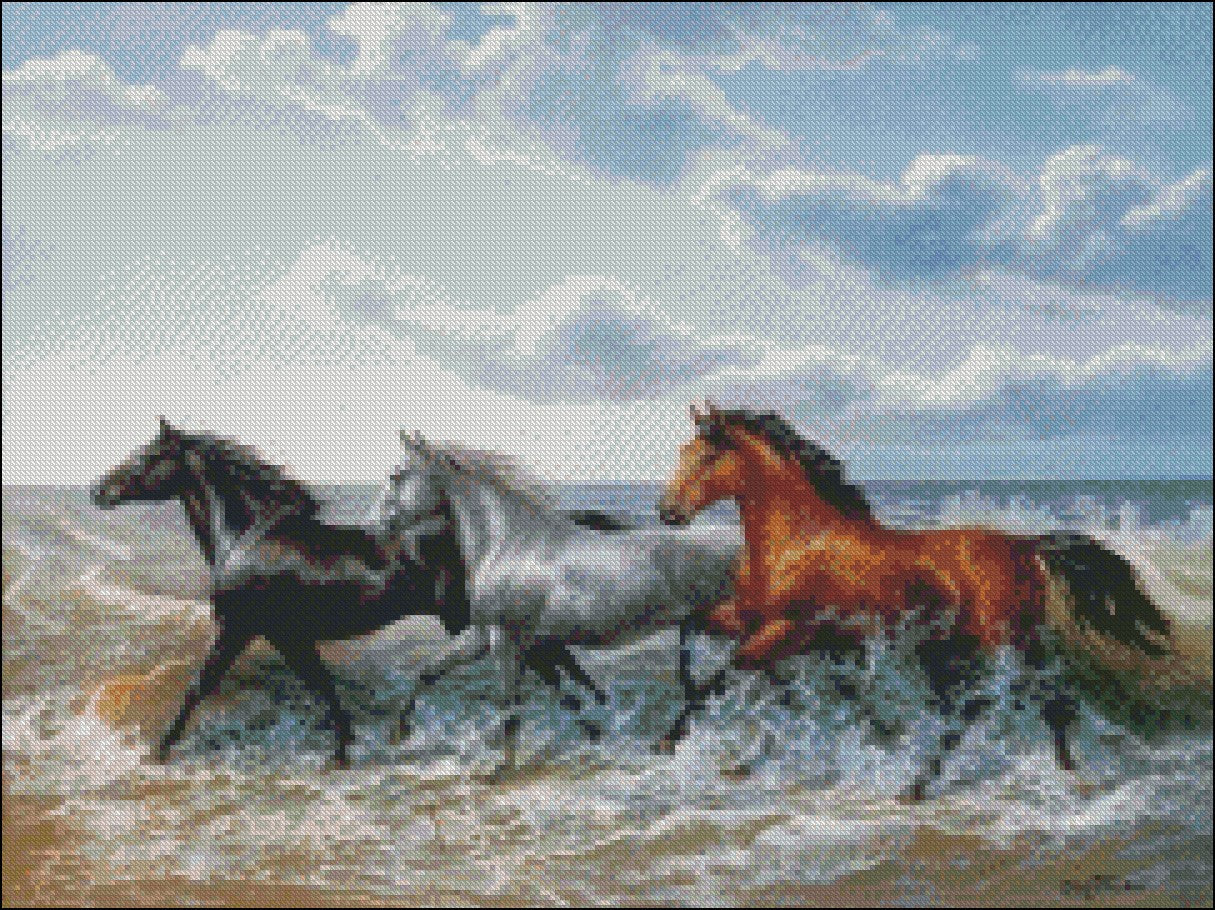 Horses Galloping  - Counted Cross Stitch Patterns Embroidery Crafts Needlework DIY Chart DMC Color