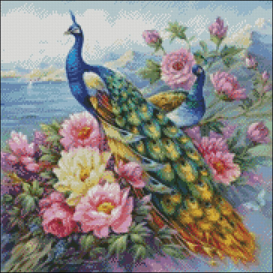 Beautiful Peacocks 3 - Counted Cross Stitch Patterns Embroidery Crafts Needlework DIY Chart DMC Color