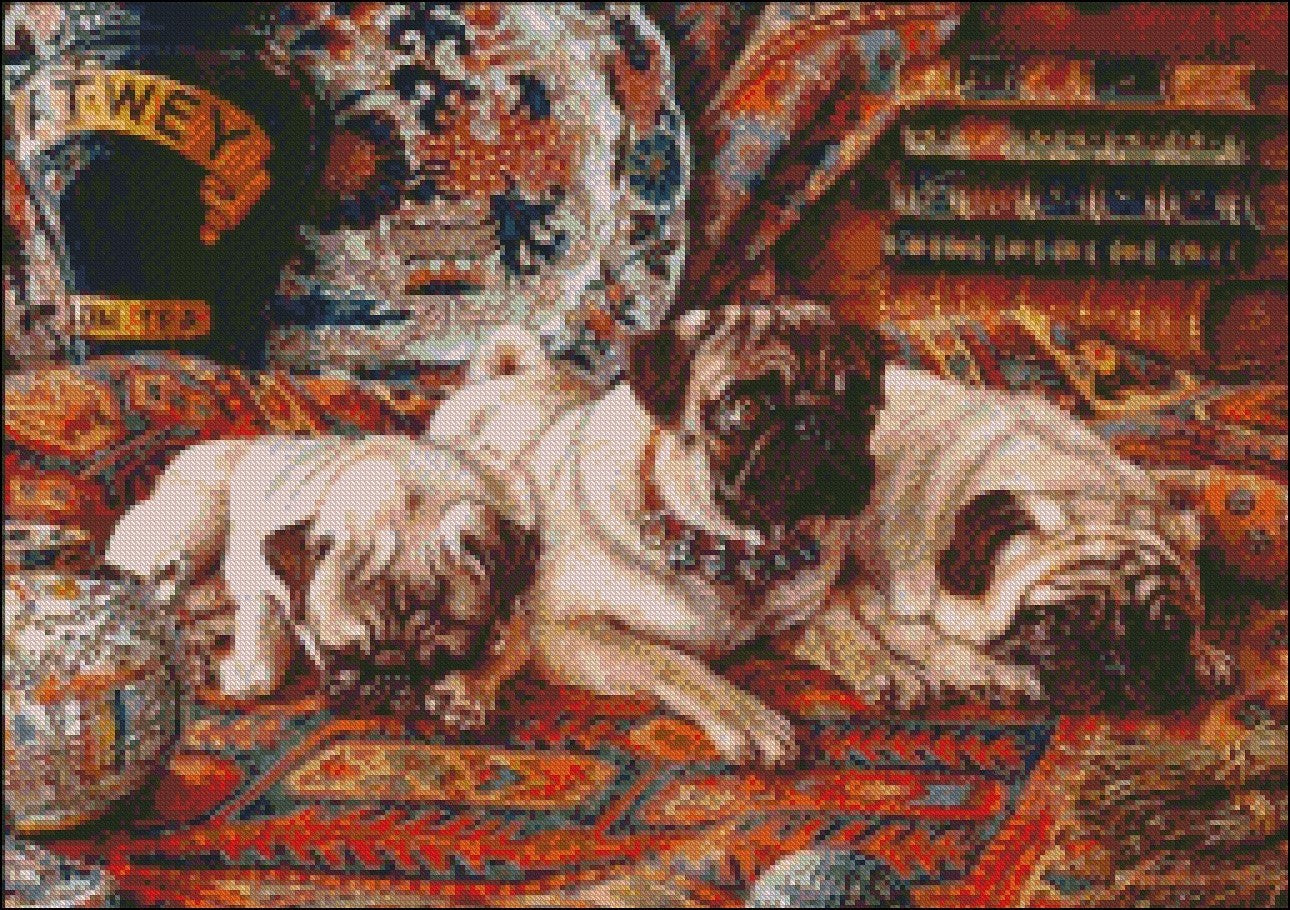 Three Pugs - Counted Cross Stitch Patterns Embroidery Crafts Needlework DIY Chart DMC Color