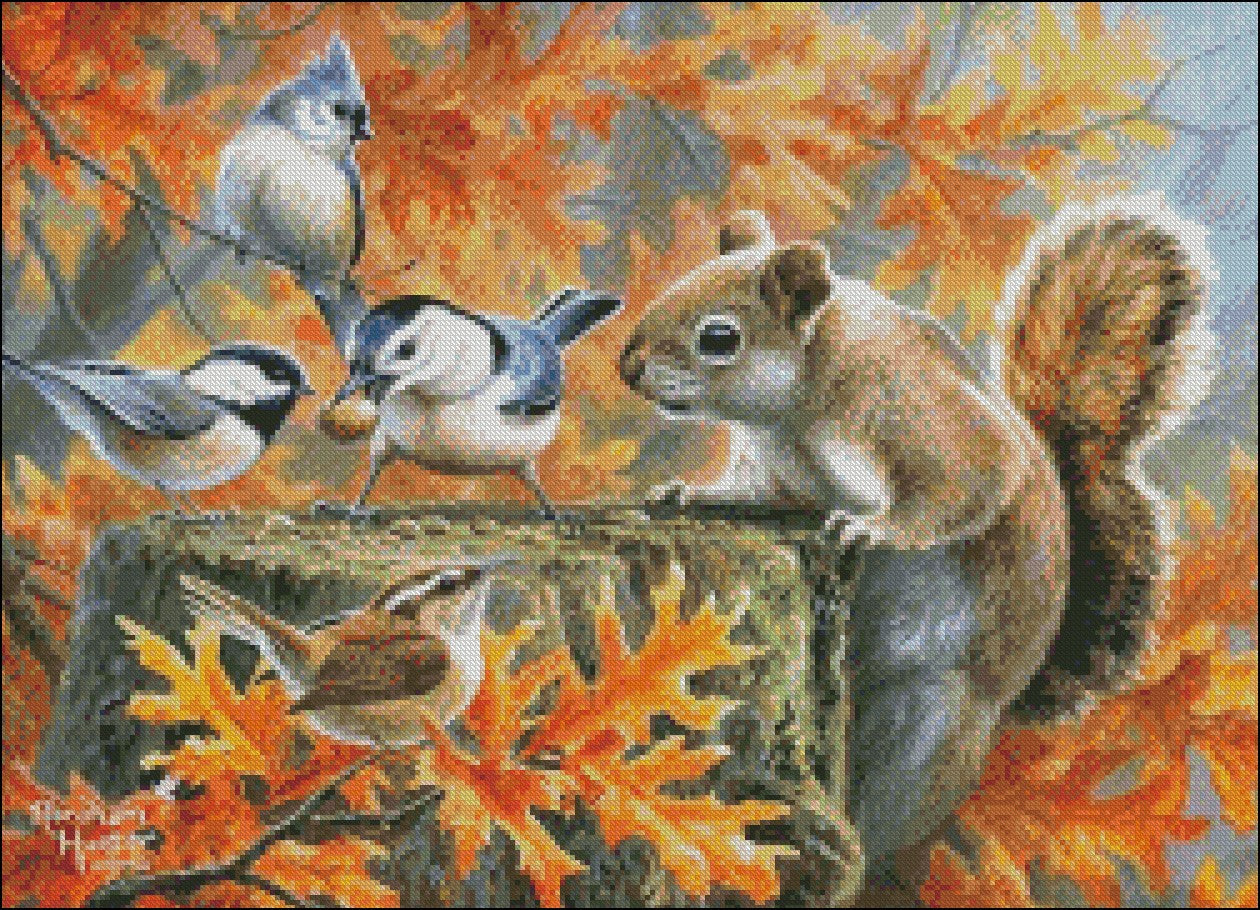 Squirrel with Birds - Counted Cross Stitch Patterns Embroidery Crafts Needlework DIY Chart DMC Color