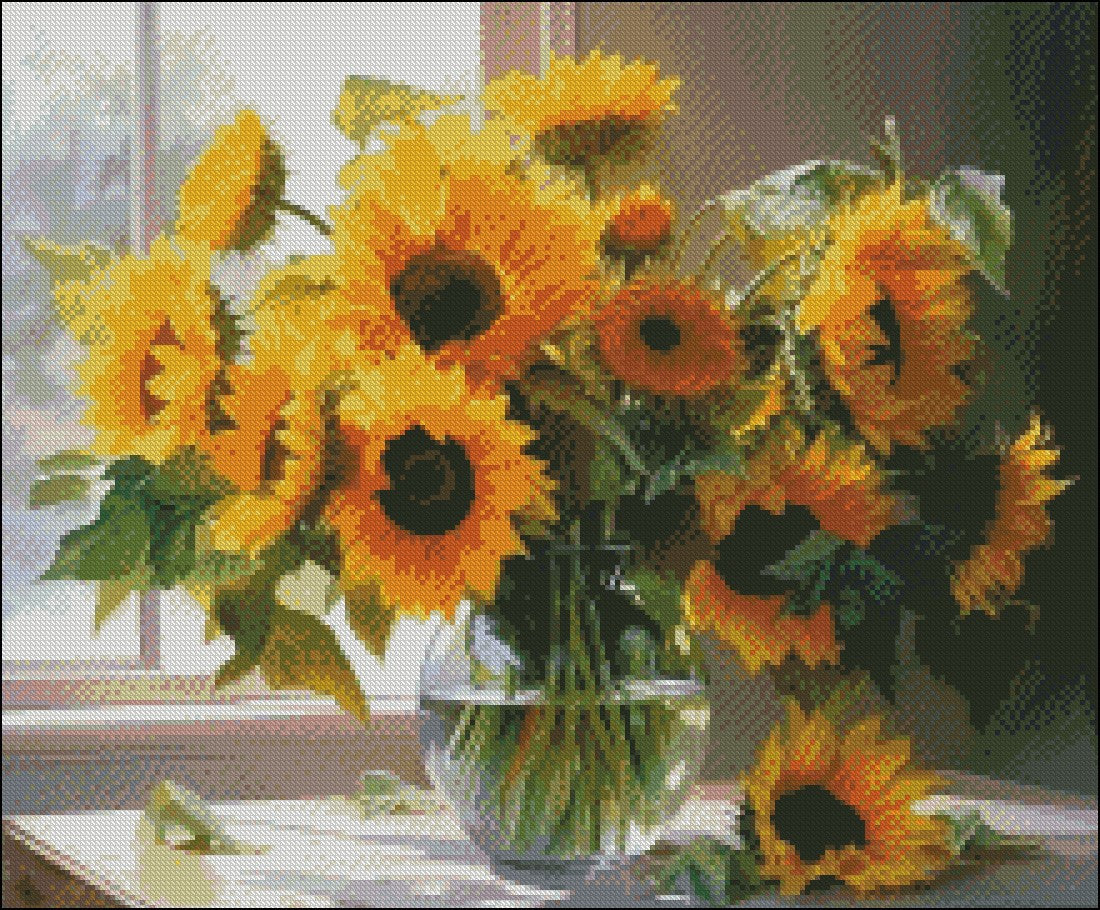 Sunflowers in a Vase - Counted Cross Stitch Patterns Embroidery Crafts Needlework DIY Chart DMC Color