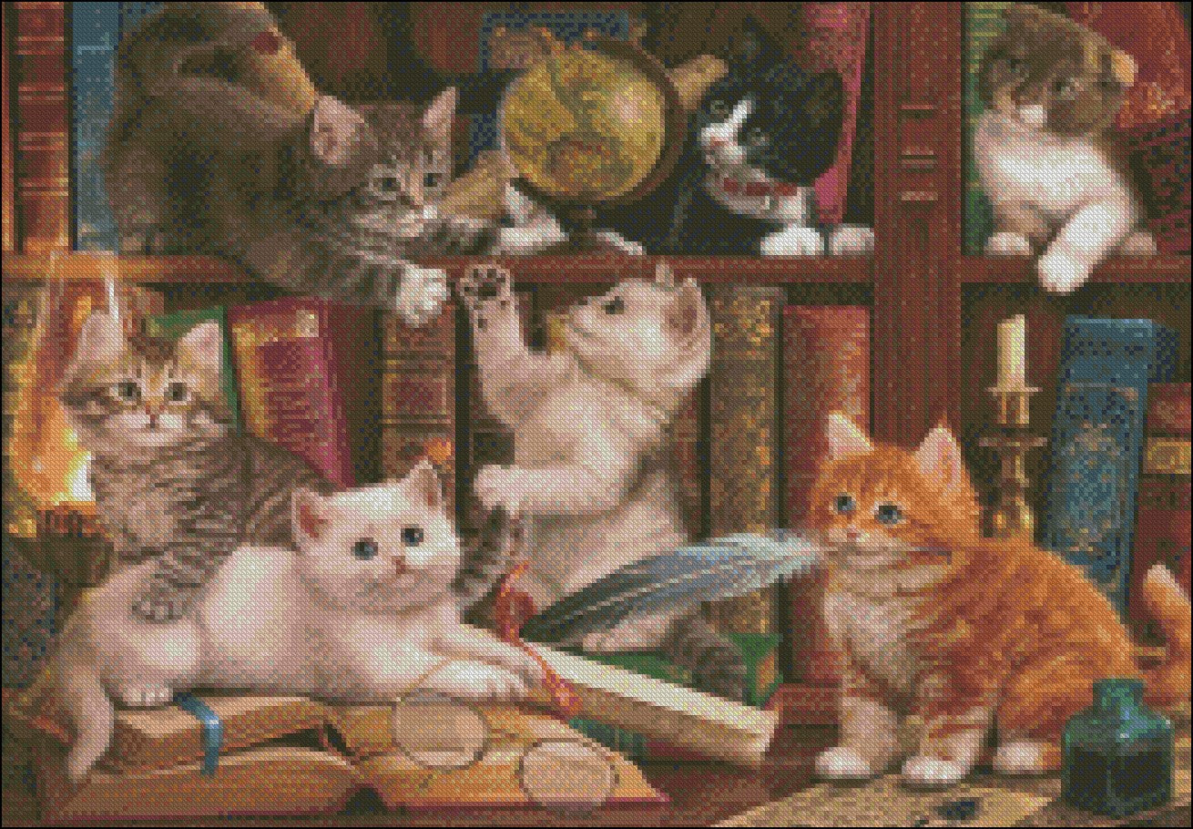 Cats and Books - Counted Cross Stitch Patterns Embroidery Crafts Needlework DIY Chart DMC Color