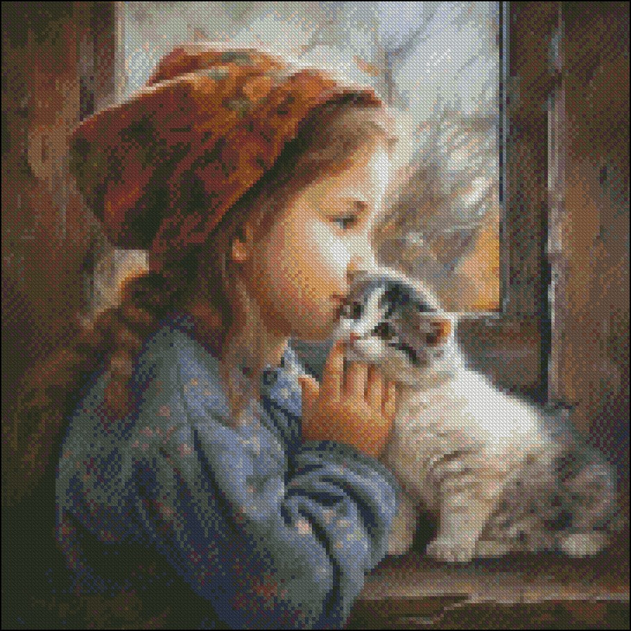 Little Girl Kissing a Kitten - Counted Cross Stitch Patterns Embroidery Crafts Needlework DIY Chart DMC Color