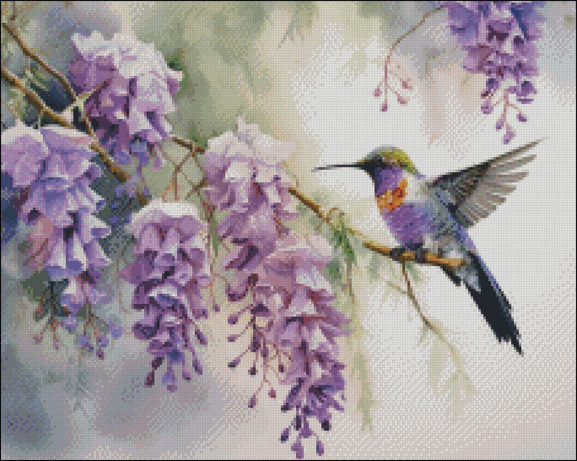 Hummingbird and Wisteria Flowers - Counted Cross Stitch Patterns Embroidery Crafts Needlework DIY Chart DMC Color