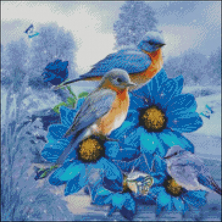 Blue Birds Blue Flowers - Counted Cross Stitch Patterns Embroidery Crafts Needlework DIY Chart DMC Color