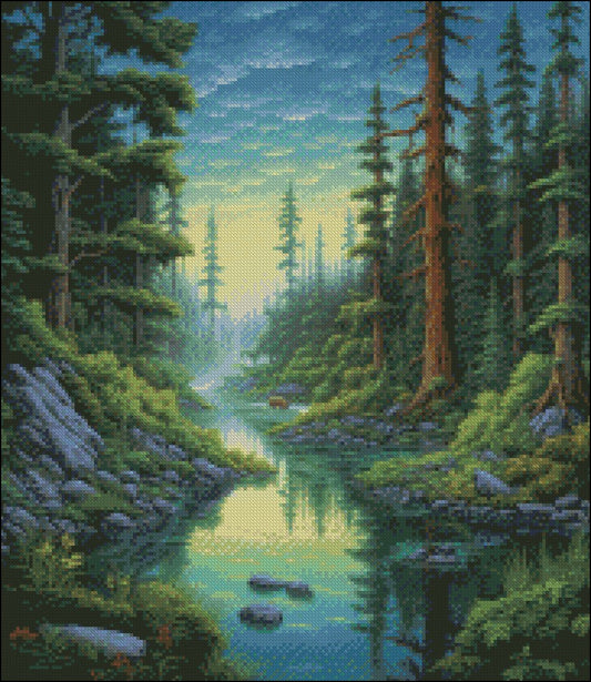 A Lake with Trees - Counted Cross Stitch Patterns Embroidery Crafts Needlework DIY Chart DMC Color