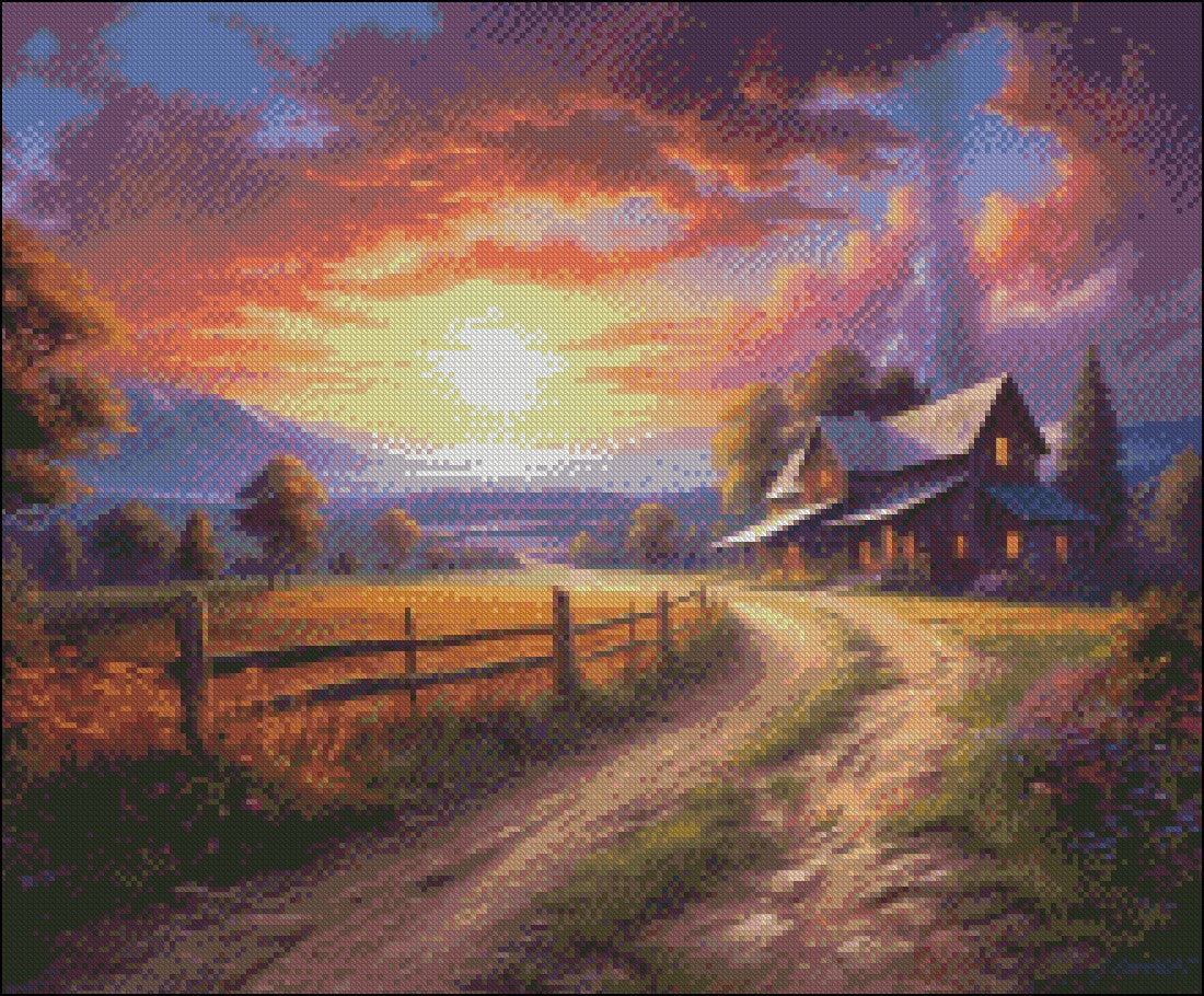 Homestead at Dusk - Counted Cross Stitch Patterns Embroidery Crafts Needlework DIY Chart DMC Color