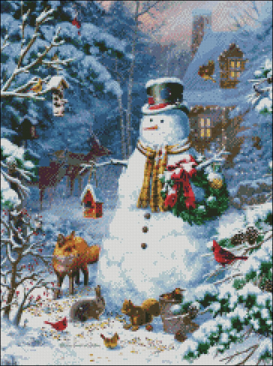 Winter Cabin Snowman - Counted Cross Stitch Patterns Embroidery Crafts Needlework DIY Chart DMC Color