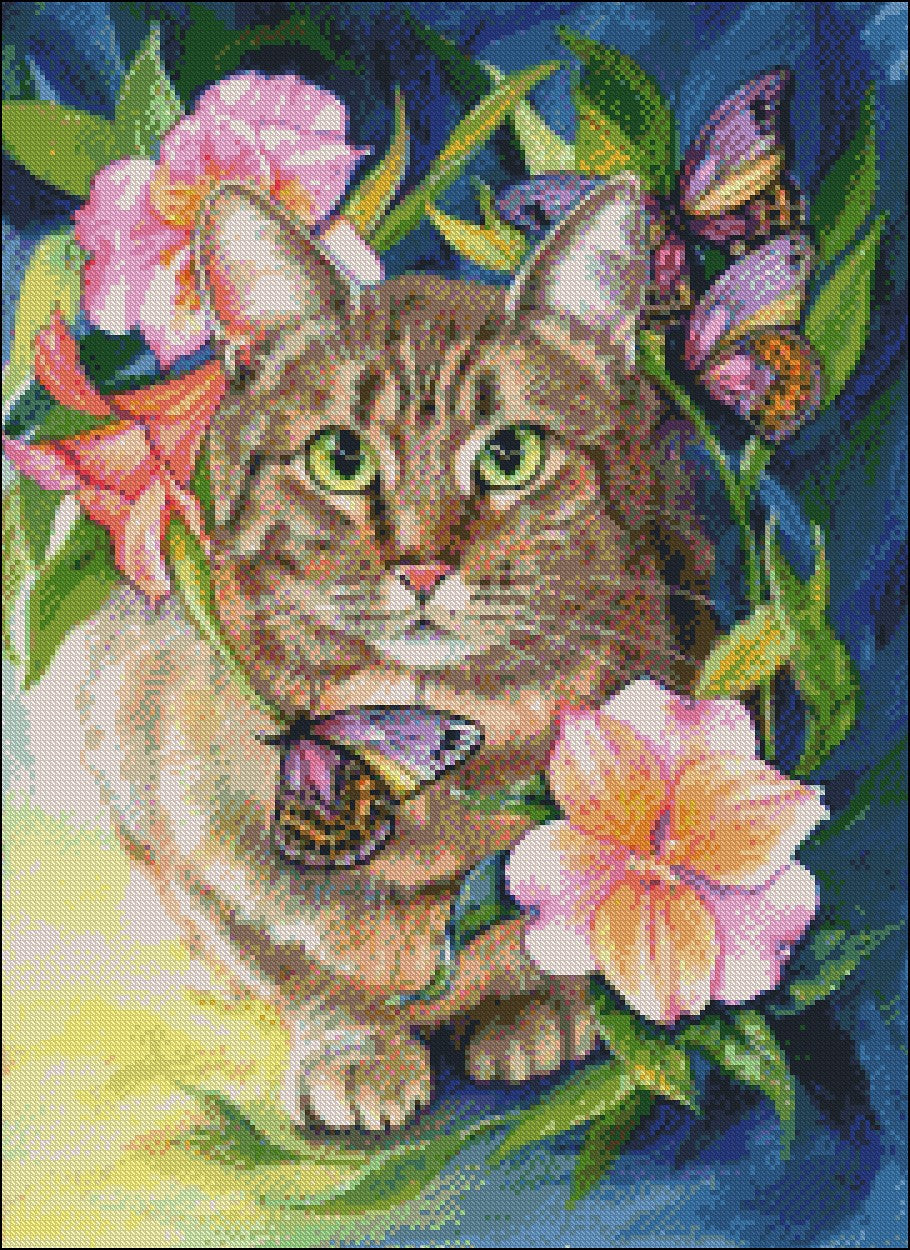 Cat and Butterflies - Counted Cross Stitch Patterns Embroidery Crafts Needlework DIY Chart DMC Color