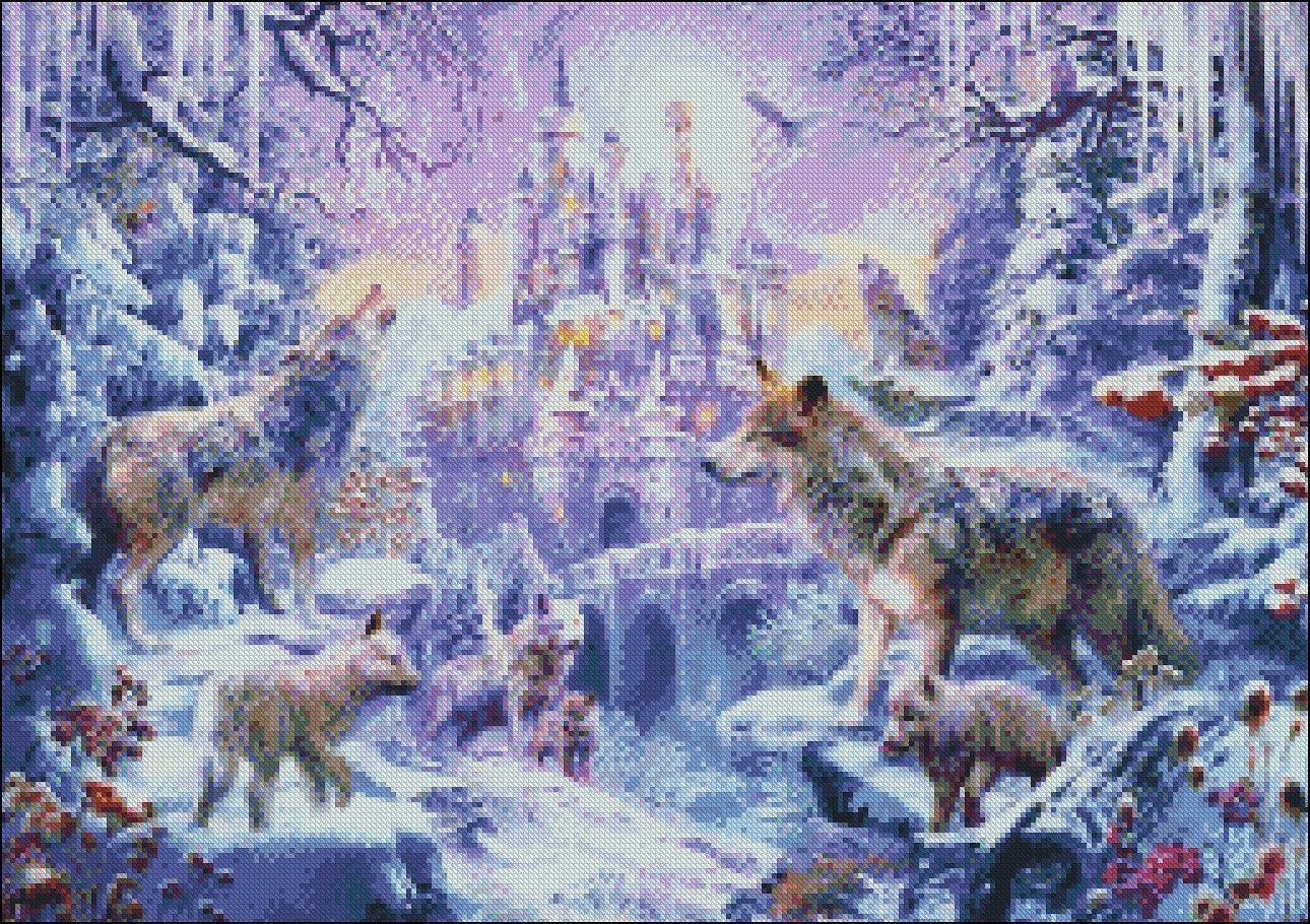 Wolves under the Castle - Counted Cross Stitch Patterns Embroidery Crafts Needlework DIY Chart DMC Color