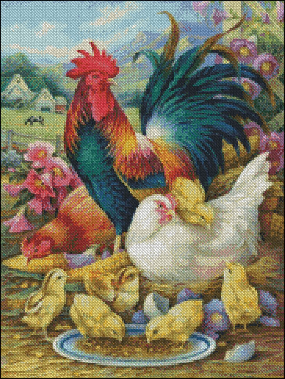 Chicken Yard - Counted Cross Stitch Patterns Embroidery Crafts Needlework DIY Chart DMC Color