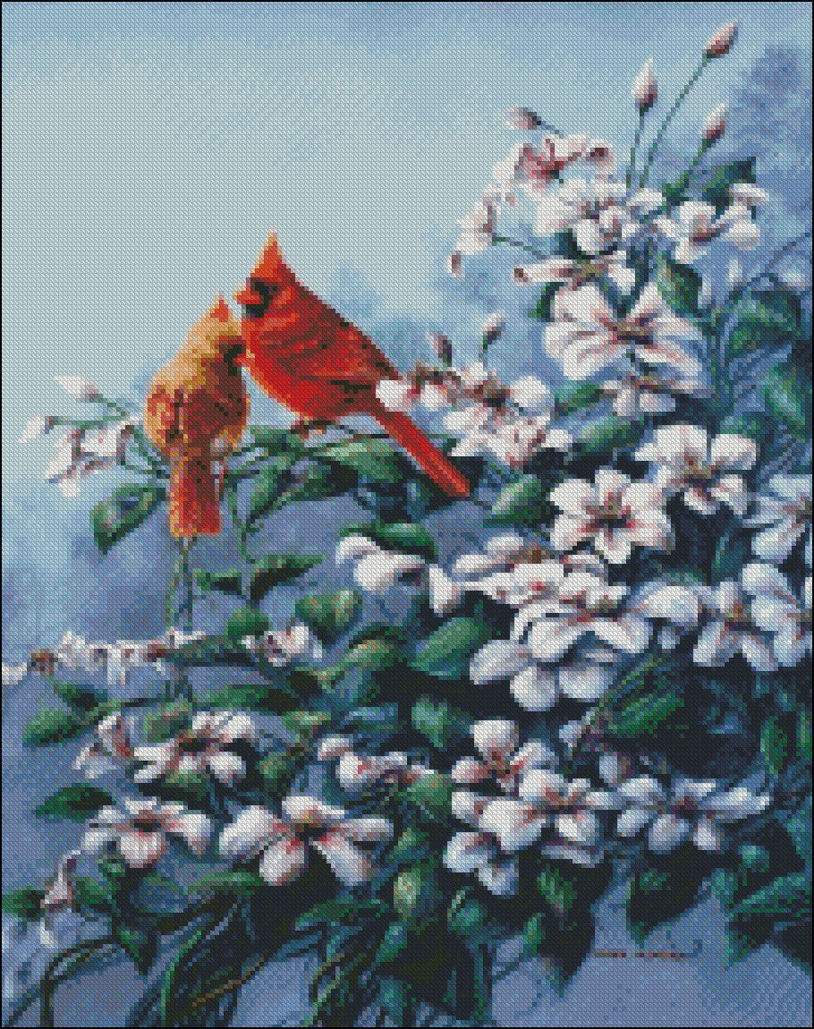 Cardinals and Clematis - Counted Cross Stitch Patterns Embroidery Crafts Needlework DIY Chart DMC Color