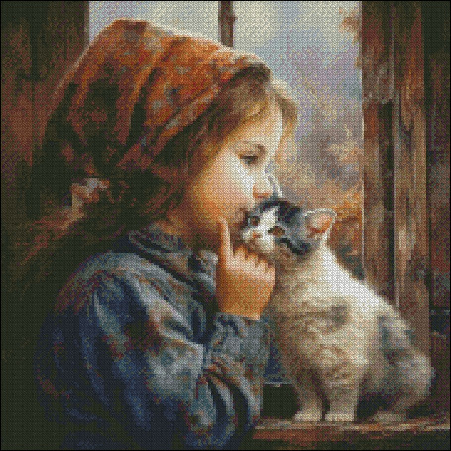 Little Girl Kissing a Kitten 2 - Counted Cross Stitch Patterns Embroidery Crafts Needlework DIY Chart DMC Color