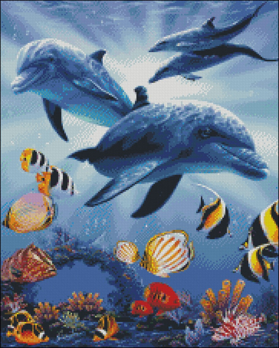 Dolphins In Light - Counted Cross Stitch Patterns Embroidery Crafts Needlework DIY Chart DMC Color