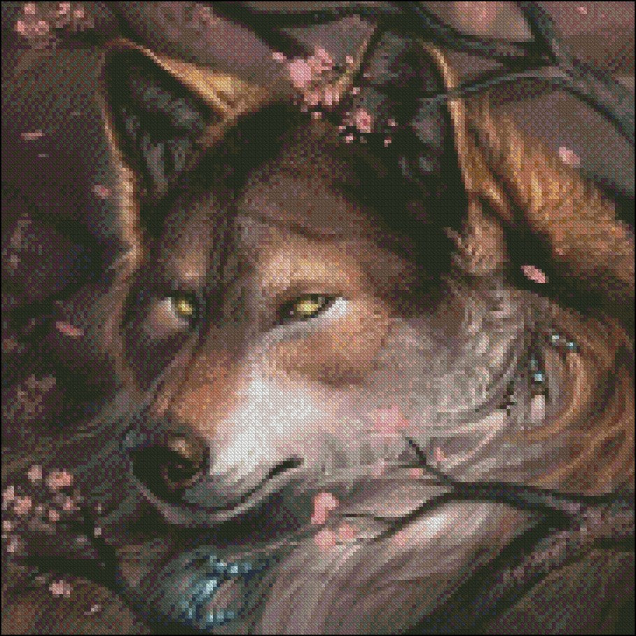 Wolf and Peach Flower Blossom - Counted Cross Stitch Patterns Embroidery Crafts Needlework DIY Chart DMC Color