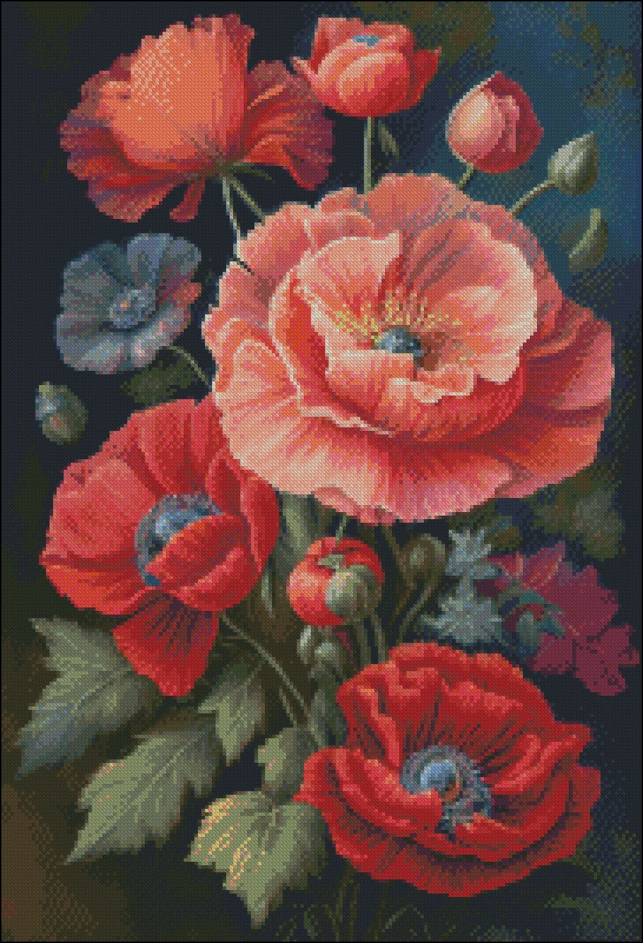 Poppy Floral 2 - Counted Cross Stitch Patterns Embroidery Crafts Needlework DIY Chart DMC Color