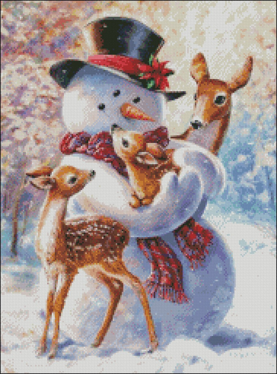 Snowman and Fawns - Counted Cross Stitch Patterns Embroidery Crafts Needlework DIY Chart DMC Color