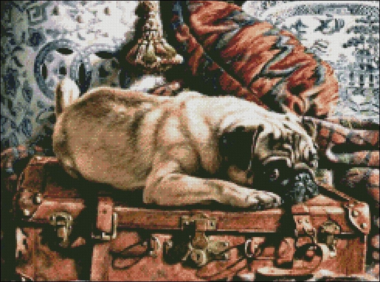 Pug on Suitcase - Counted Cross Stitch Patterns Embroidery Crafts Needlework DIY Chart DMC Color