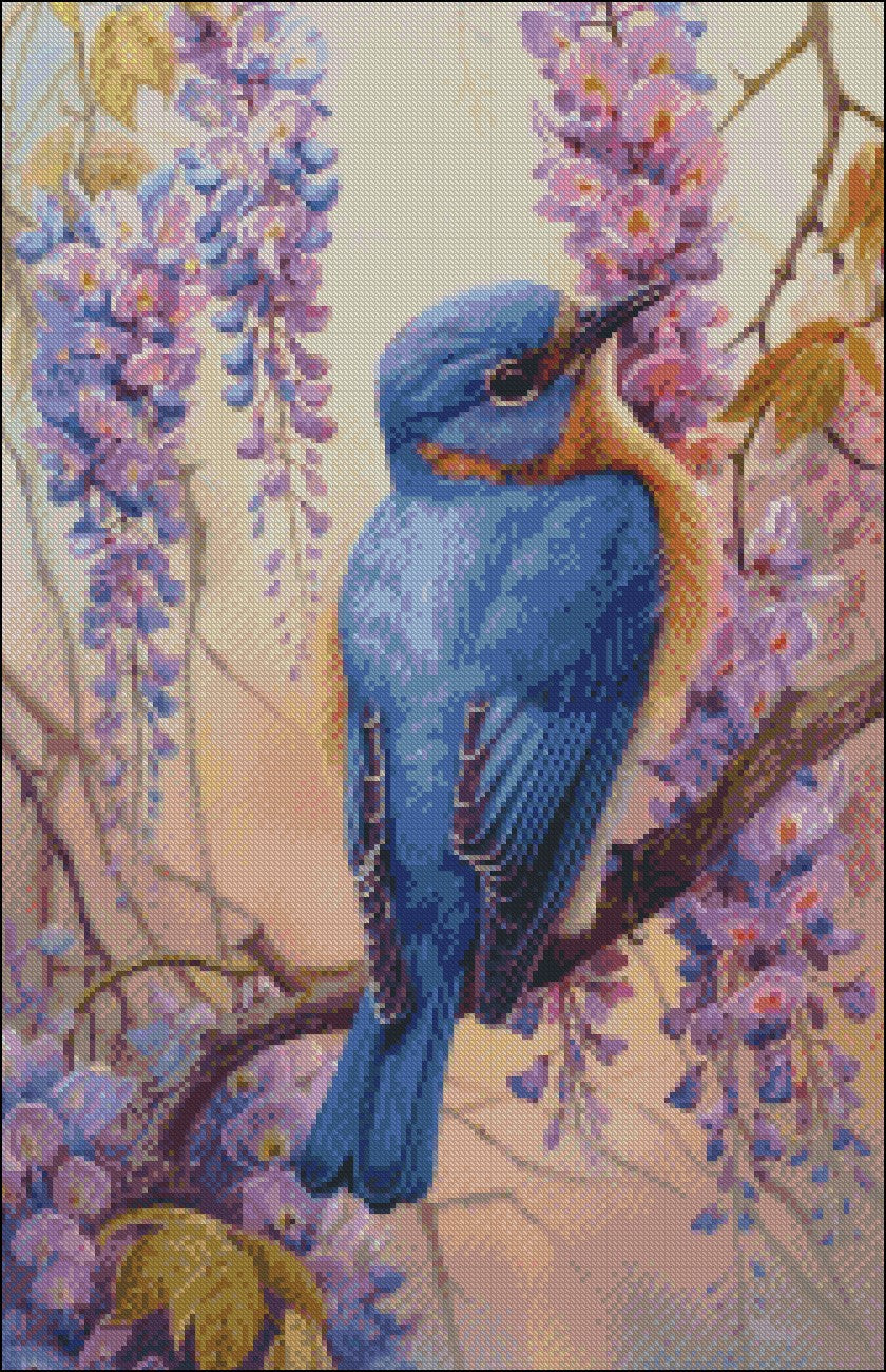 Bluebird in Wisteria - Counted Cross Stitch Patterns Embroidery Crafts Needlework DIY Chart DMC Color