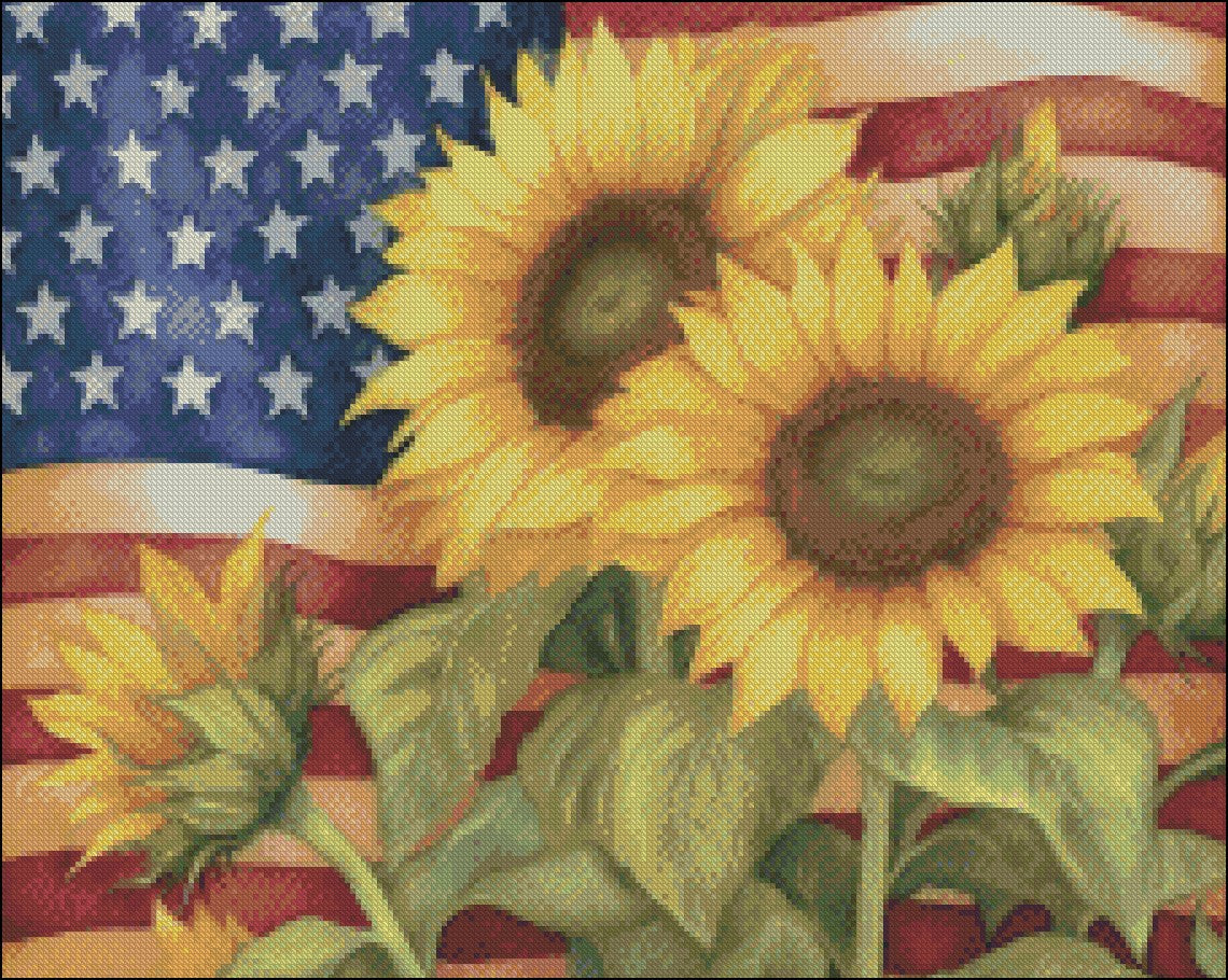 Sunflower and Flag 1 - Counted Cross Stitch Patterns Embroidery Crafts Needlework DIY Chart DMC Color