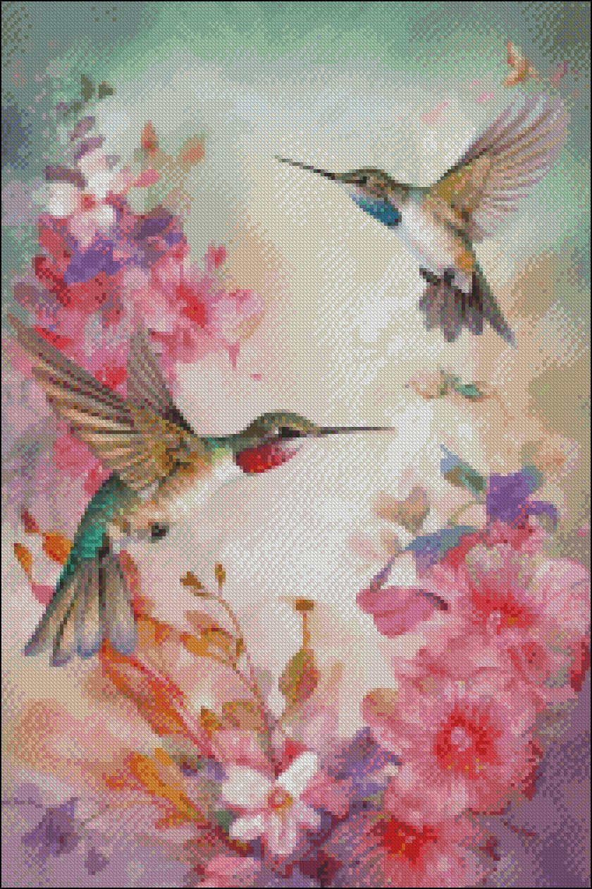 Fluttering Hummingbirds 1 - Counted Cross Stitch Patterns Embroidery Crafts Needlework DIY Chart DMC Color