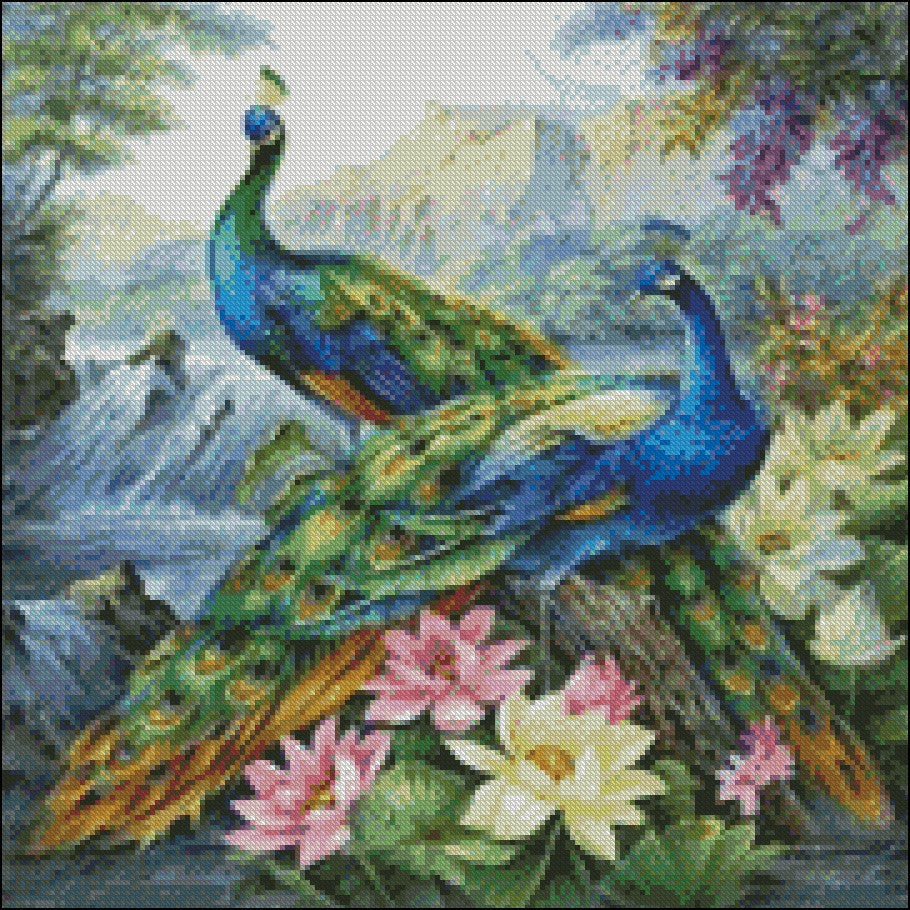 Beautiful Peacocks 1 - Counted Cross Stitch Patterns Embroidery Crafts Needlework DIY Chart DMC Color