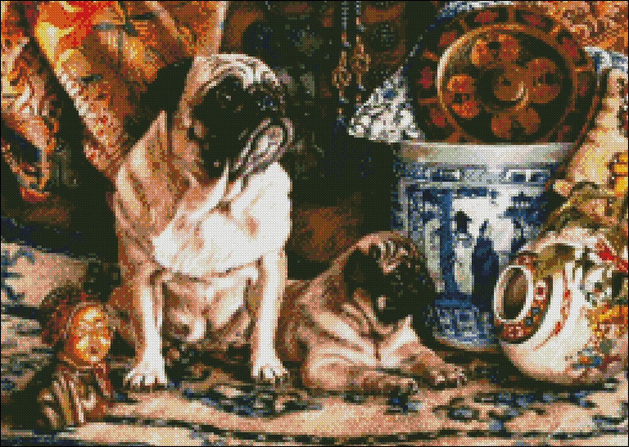 Pug with Puppy - Counted Cross Stitch Patterns Embroidery Crafts Needlework DIY Chart DMC Color