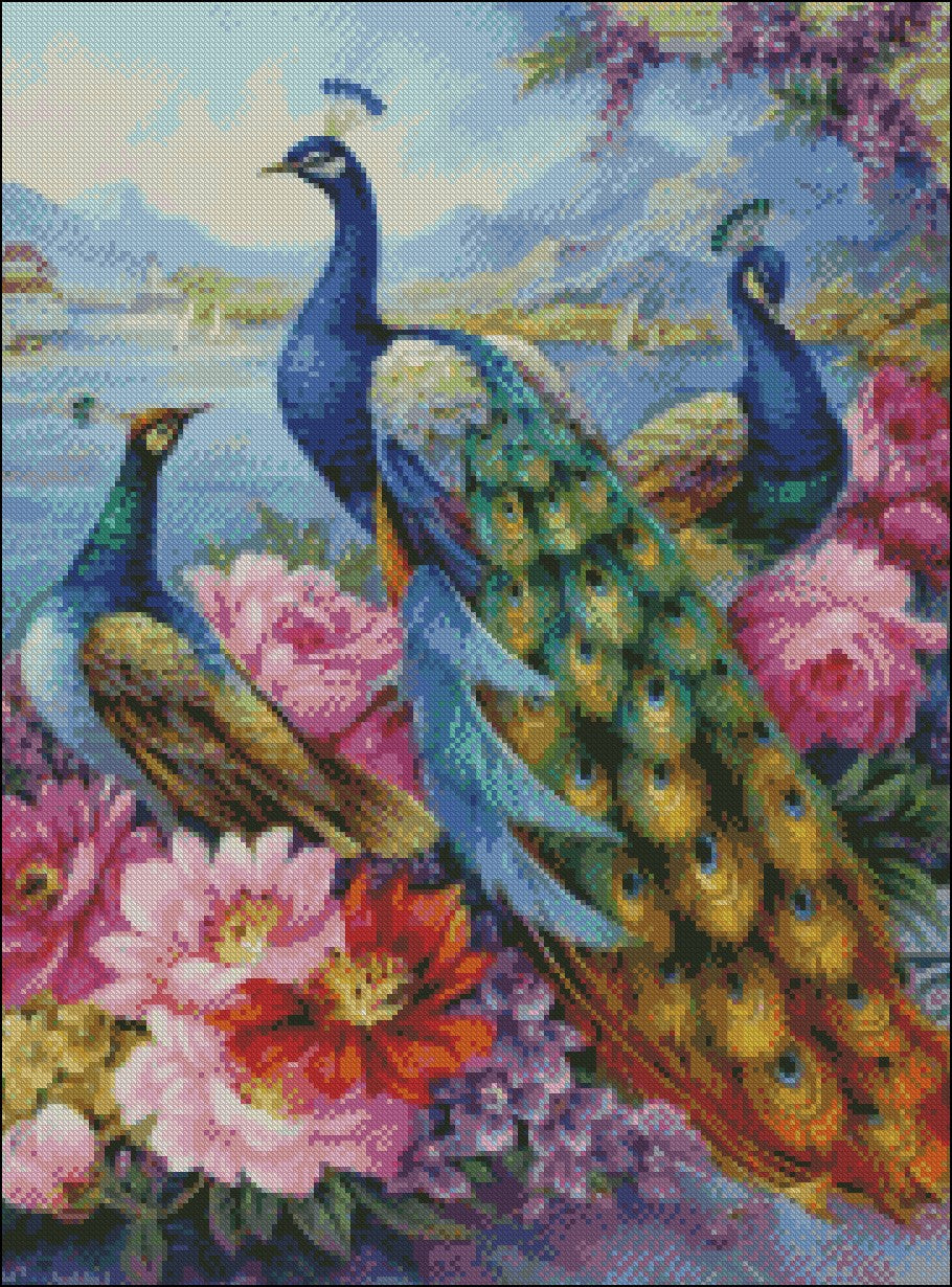 Beautiful Peacocks 2 - Counted Cross Stitch Patterns Embroidery Crafts Needlework DIY Chart DMC Color