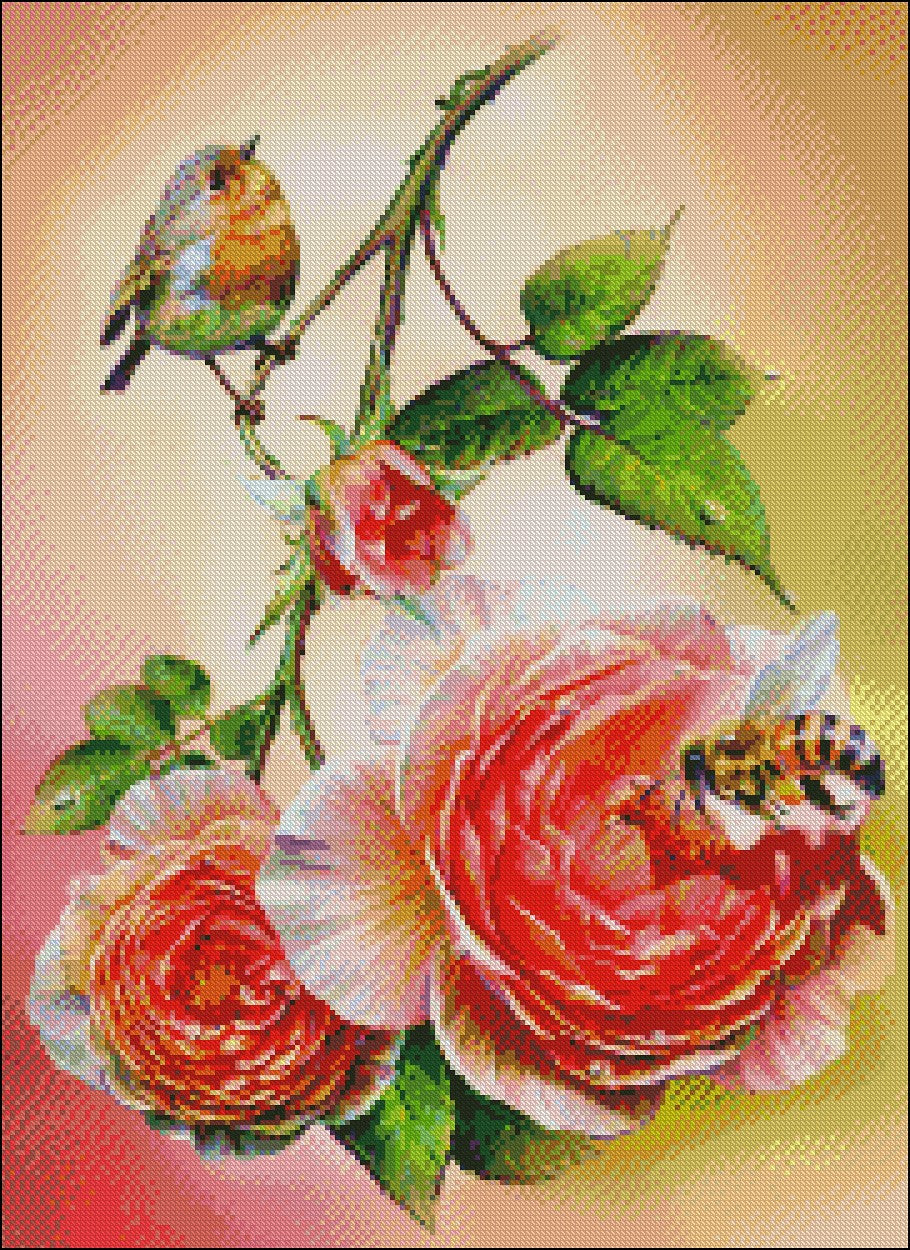 Bird, Bee and Roses - Counted Cross Stitch Patterns Embroidery Crafts Needlework DIY Chart DMC Color