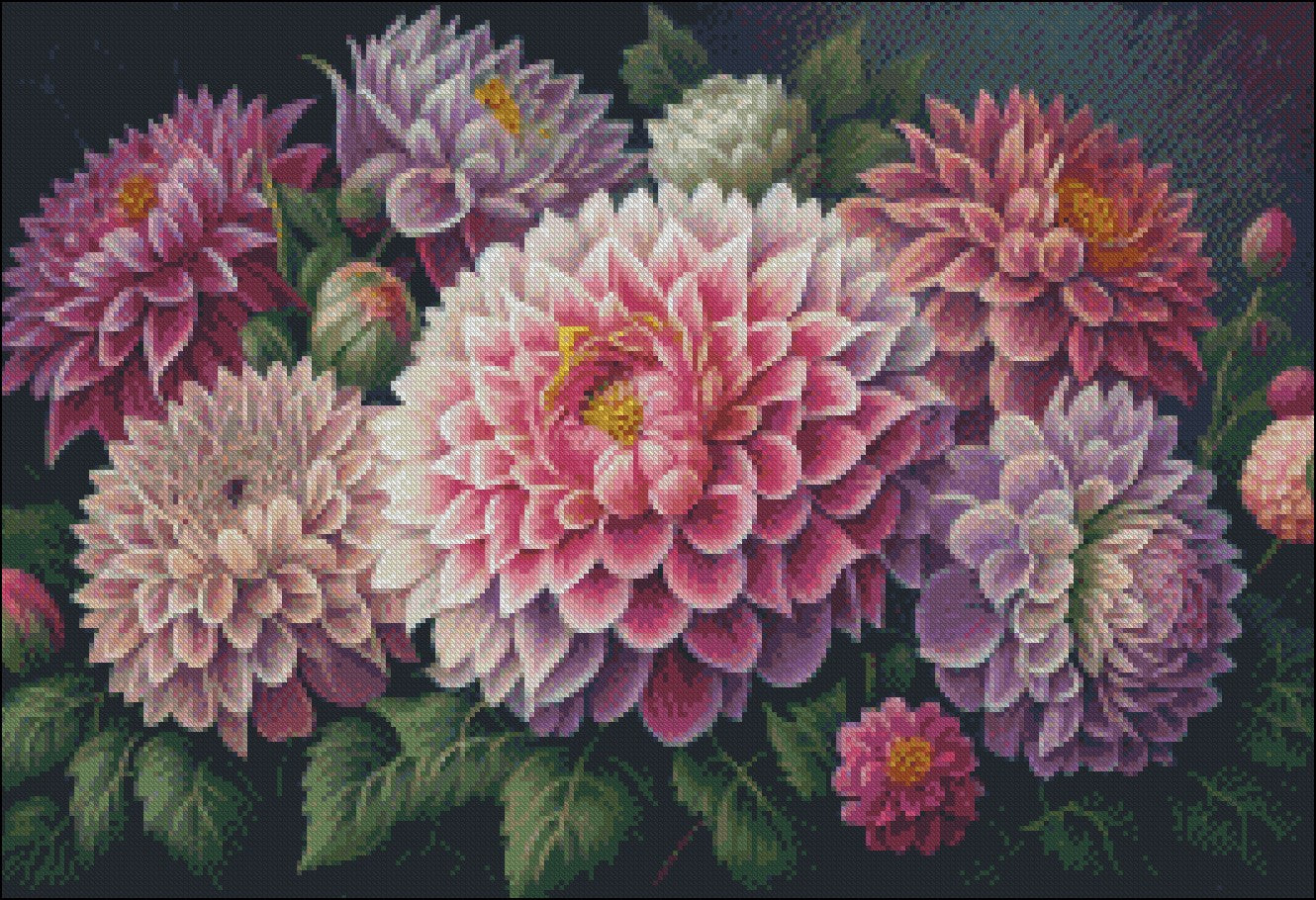 Dahlias Floral - Counted Cross Stitch Patterns Embroidery Crafts Needlework DIY Chart DMC Color