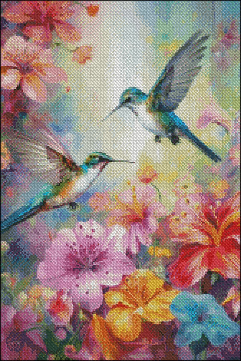 Fluttering Hummingbirds 2 - Counted Cross Stitch Patterns Embroidery Crafts Needlework DIY Chart DMC Color