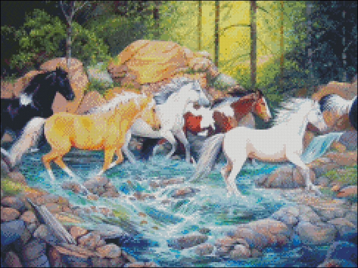 Horse in Midstream - Counted Cross Stitch Patterns Embroidery Crafts Needlework DIY Chart DMC Color