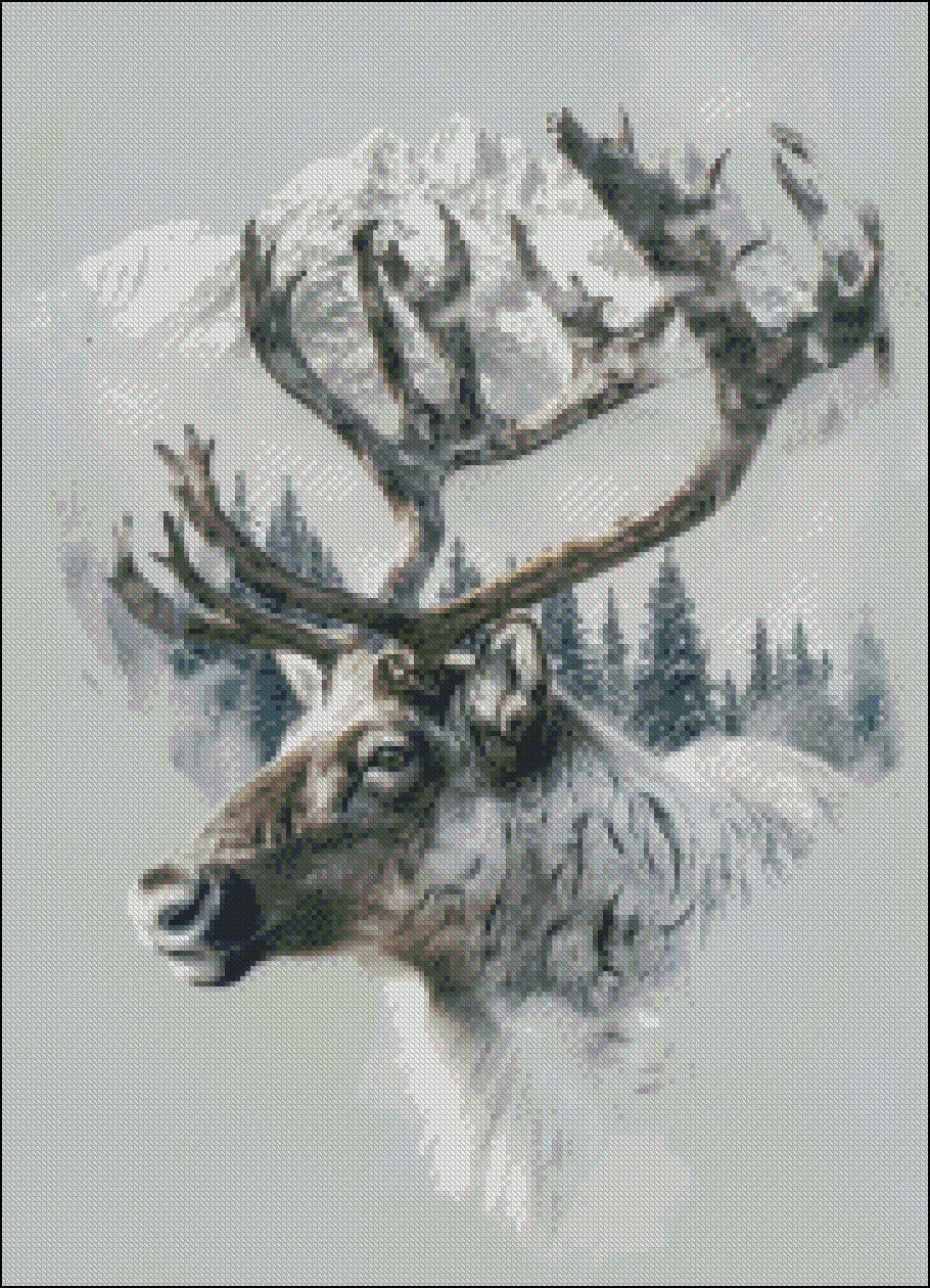 Abstract Caribou Reindeer - Counted Cross Stitch Patterns Embroidery Crafts Needlework DIY Chart DMC Color