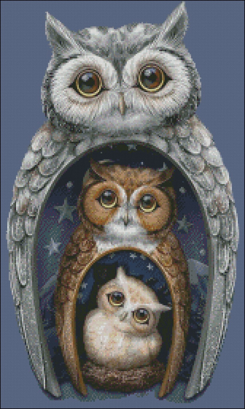 Family of Three Owls - Counted Cross Stitch Patterns Embroidery Crafts Needlework DIY Chart DMC Color