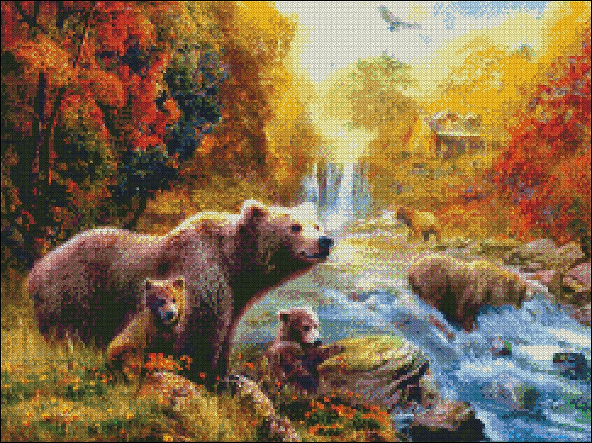 Bears at the Stream - Counted Cross Stitch Patterns Embroidery Crafts Needlework DIY Chart DMC Color