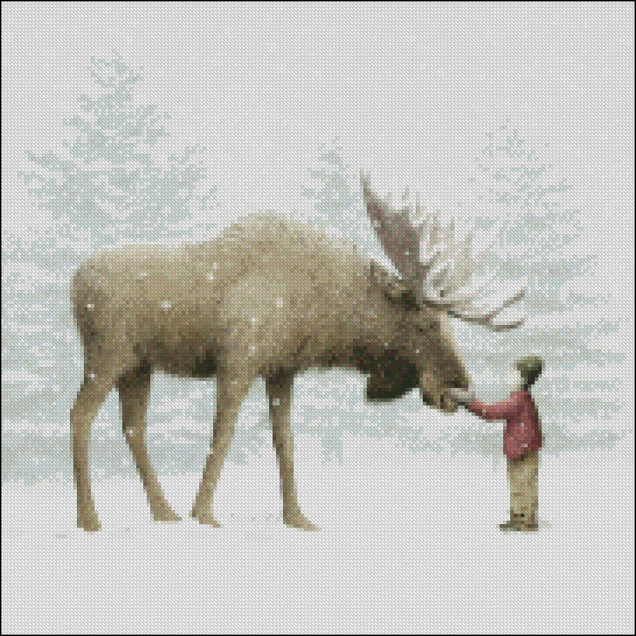 Winter Moose - Counted Cross Stitch Patterns Embroidery Crafts Needlework DIY Chart DMC Color