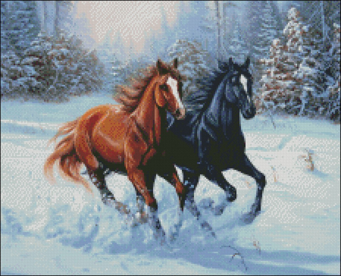 Double Horse - Counted Cross Stitch Patterns Embroidery Crafts Needlework DIY Chart DMC Color