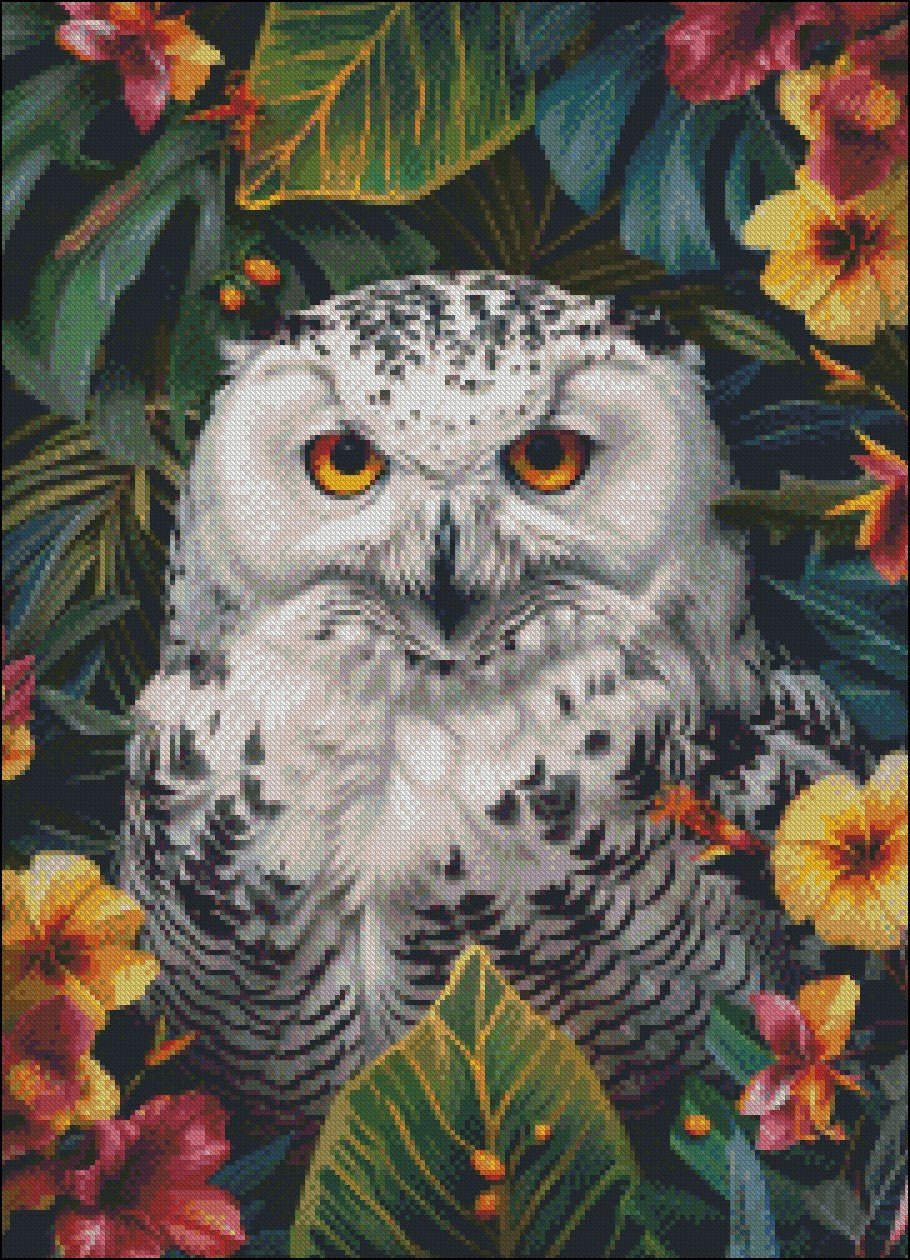 Snowy Owl Face Flowers - Counted Cross Stitch Patterns Embroidery Crafts Needlework DIY Chart DMC Color